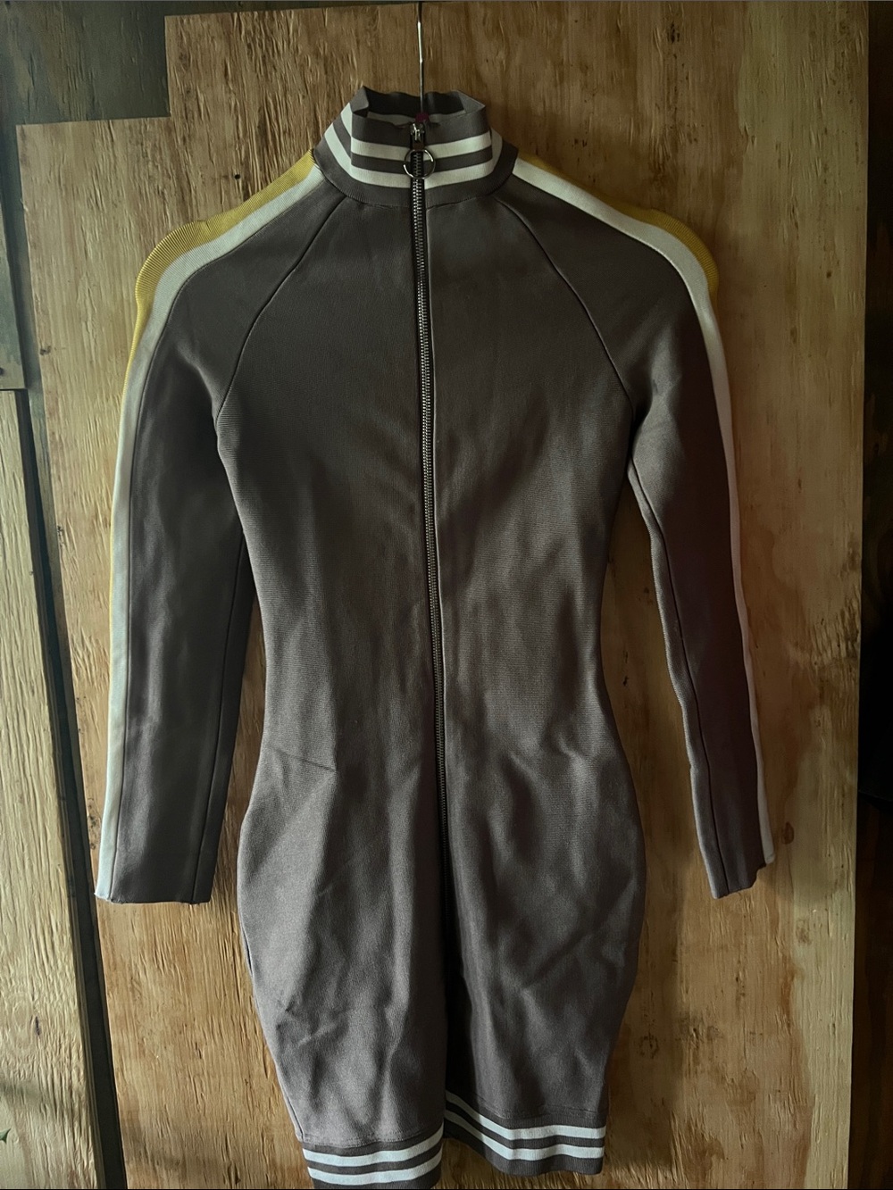 Women’s taupe Bomber Jacket Dress with White & Yellow Stripe Accents